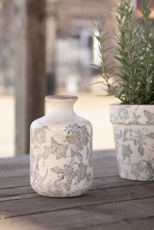 Keramieken vaasje – Ø11 x 17 cm – Grijs - beige - Tuinkabouter Chrisje